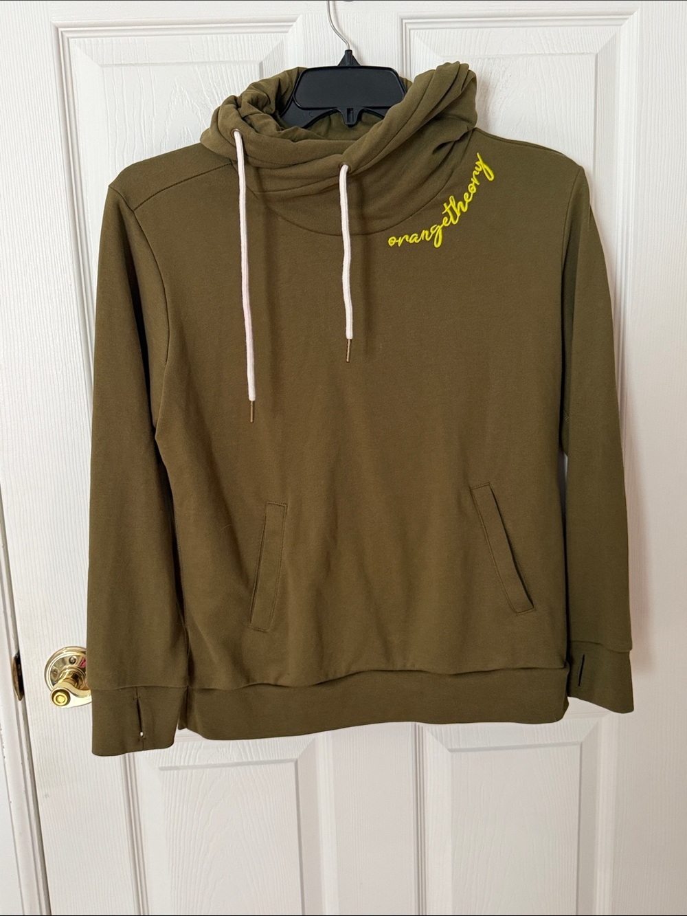 Orangetheory Olive Green cowl neck hoodie Pullover with Yellow Script medium